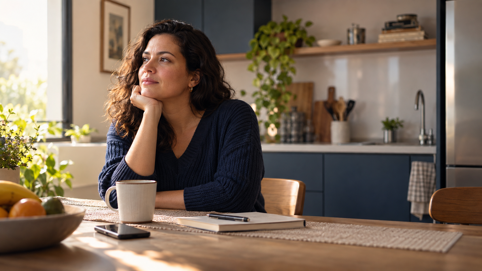 Mulher refletindo sobre sua relação com a alimentação